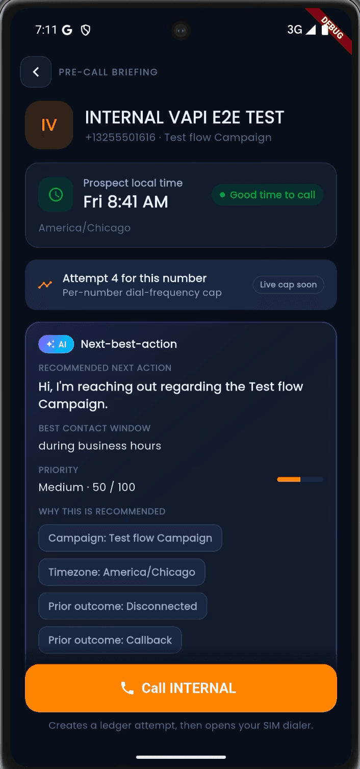 Mobile pre-call briefing with AI next-best-action guidance