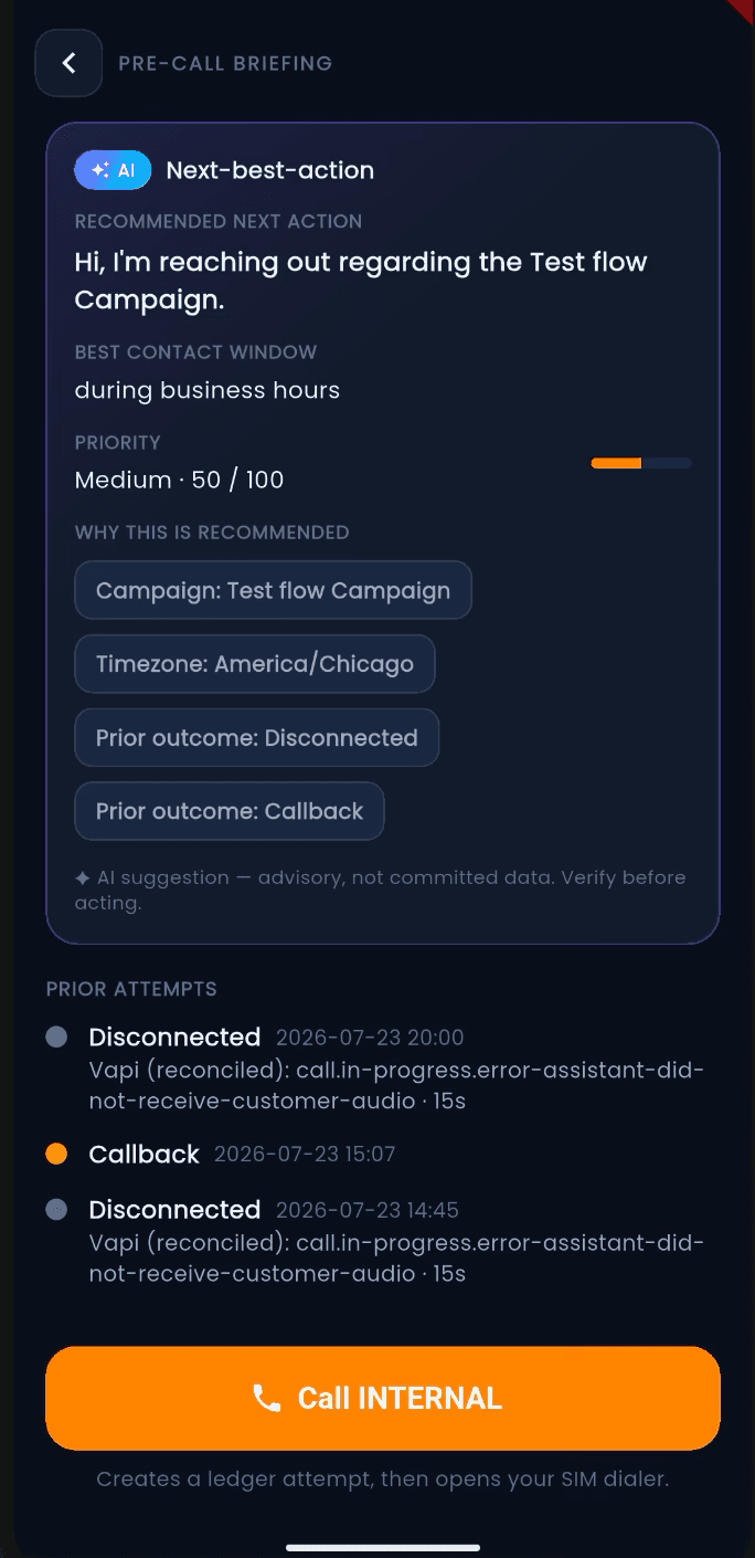 Mobile AI next-best-action recommendation with prior call attempts