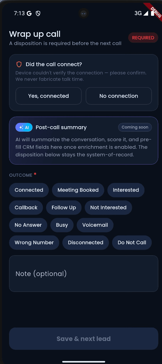 Mobile required call wrap-up with AI post-call summary area