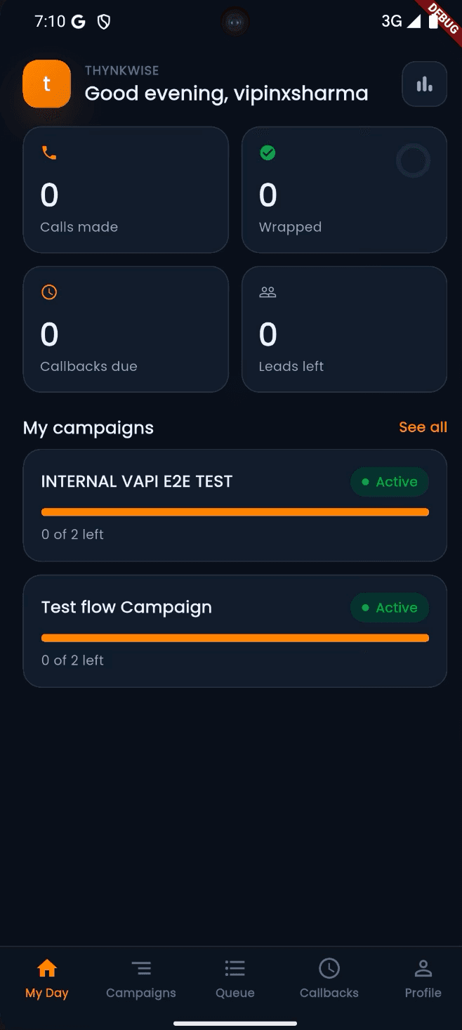 Mobile My Day campaign dashboard for a calling rep