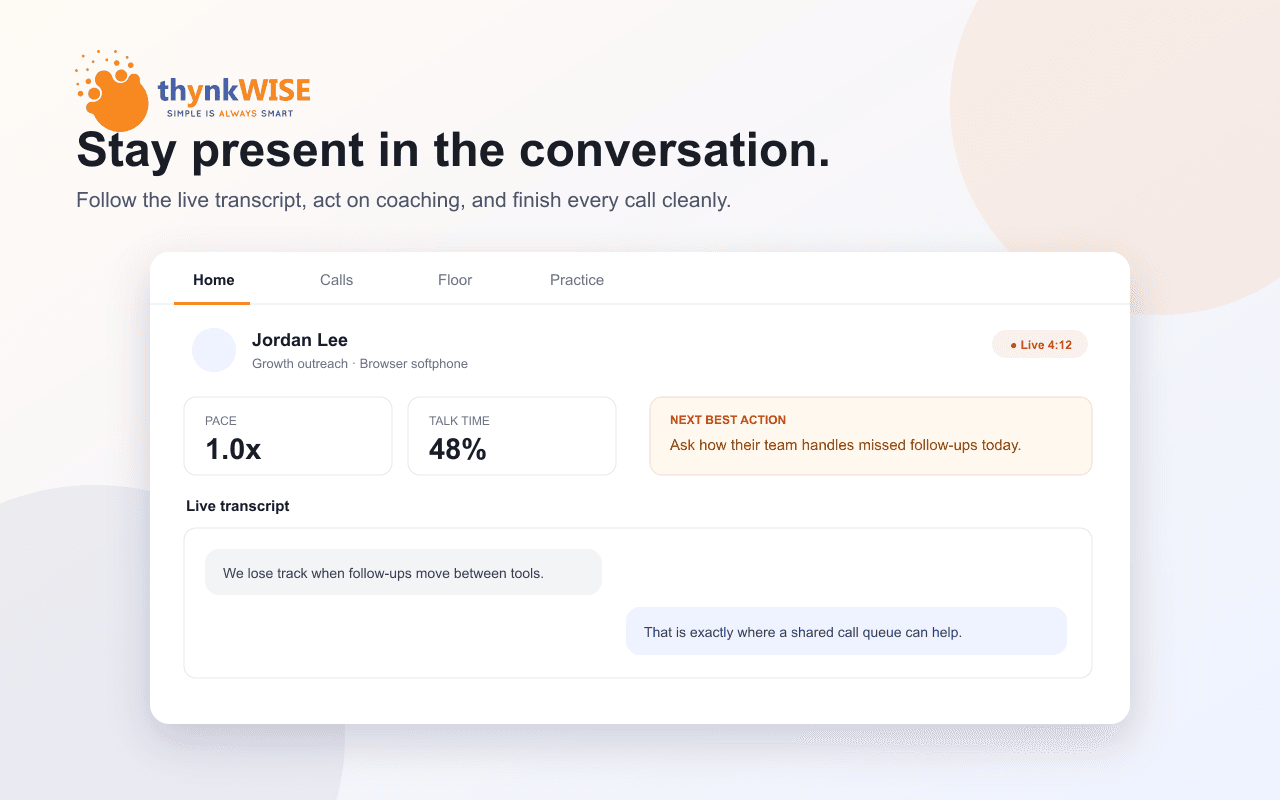 thYnk Assist live call screen with transcript, pace, talk time and next best action