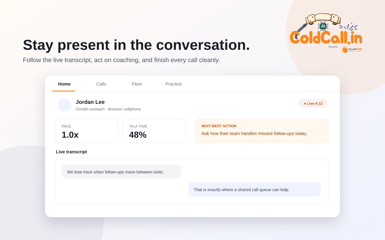 ColdCall.in Chrome extension live-call screen with transcript and coaching